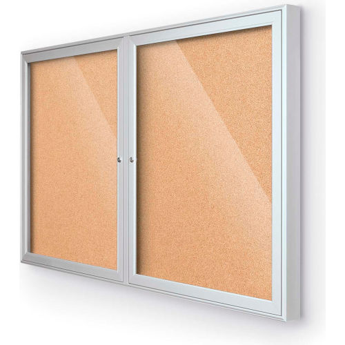 Balt® Outdoor Enclosed Bulletin Board 2Door 48"W x 36"H, Silver Trim, Natural Cork