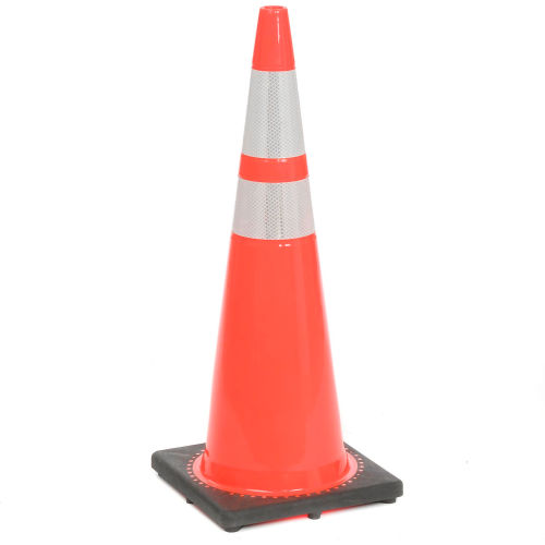 36" Solid Orange Cone W/Black Base & 6"+ 4" Reflective