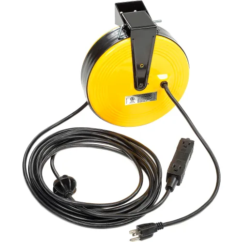 Bayco SL800 Professional Retractable Metal Cord Reel with 3 Outlets, Yellow