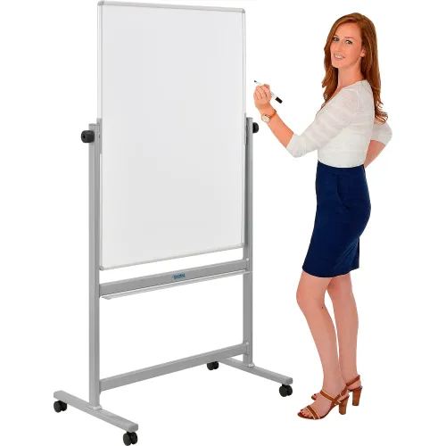 Global Industrial Mobile Reversible Whiteboard - 96 x 48 - Porcelain - Silver Frame