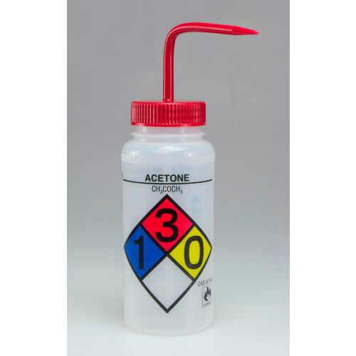 Bel-Art Safety-Labeled 4-Color Acetone Wide-Mouth Wash Bottles, 500ml (16oz), PE w/Red PP Cap, 4Pk