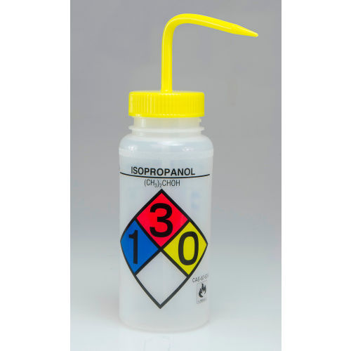 Bel-Art Safety-Labeled 4-Color Isopropanol WM Wash Bottles, 500ml (16oz), PE w/YLW PP Cap, 4Pk