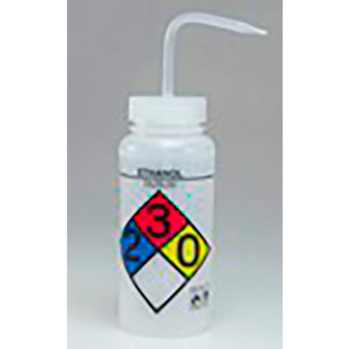 Bel-Art Safety-Labeled 4-Color Ethanol Wide-Mouth Wash Bottles, 500ml (16oz), PE w/Nat PP Cap, 4Pk