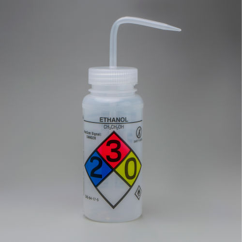 Bel-Art GHS Labeled Safety-Vented Ethanol Wash Bottles, 500ml (16oz), Polyethylene 4Pk