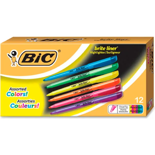 Basics Chisel Tip, Fluorescent Ink Highlighters, Assorted Colors -  Pack of 12