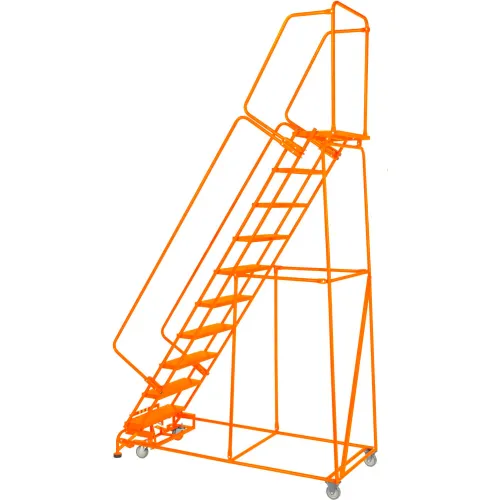 Perforated 16 W 5 Step Steel Rolling Ladder 14 D Top Step w Handrails Orange w Cal OSHA Handrail