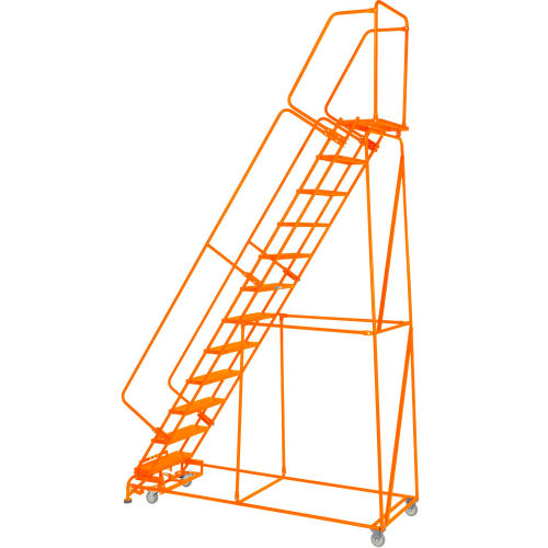 Grip 24&quot;W 12 Step Steel Rolling Ladder 21&quot;D Top Step W/ Handrails Lock Step - Orange - FS123221G-O