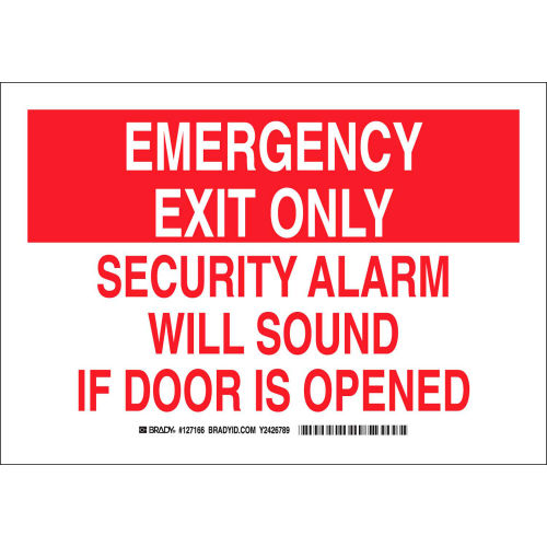 Brady&#174; 127165 Emergency Exit Only Security Alarm Will Sound If Door Is Opened Sign, 10&quot;W x 7&quot;H