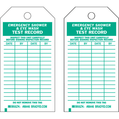 Brady&#174; 86446 Emergency Shower & Eye Wash Test Record Tag, 10/Pkg, HD Polyester, 3&quot;W x 5-3/4&quot;H