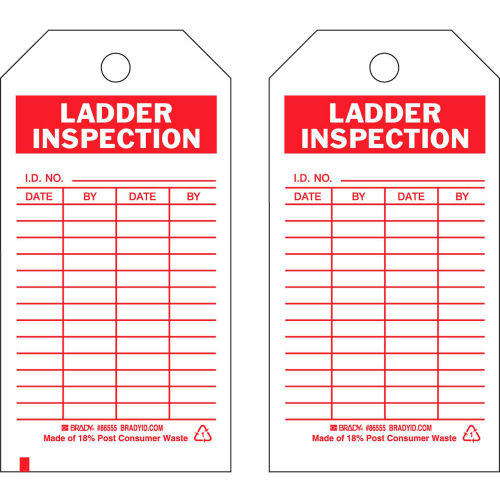 Brady® 86555 Ladder Inspecton Tag, 2 Sided, 10/Pkg, Polyester, 3"W x 5-3-3/4"H
