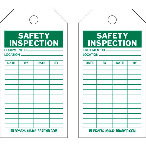 Brady&#174; 86666 Safety Inspection Tag, 2 Sided, 100/Pkg, Cardstock, 3&quot;W x 5-3/4&quot;H