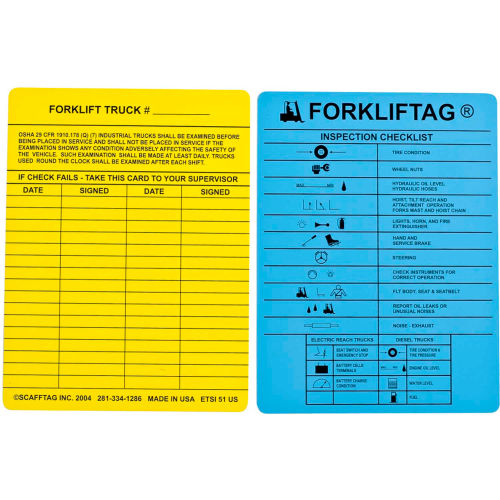 Brady® FLT-ETSI51 Forkliftag® Inspection Tag, 2 Sided, 100/Pk, 7-5/8" W X 5-3/4"H, Blu/Ylw