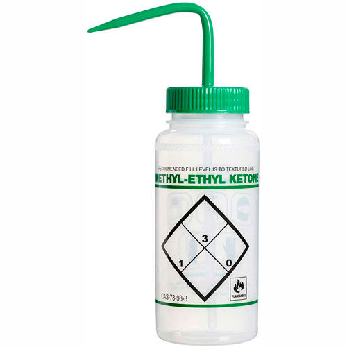 Bel-Art LDPE Wash Bottles 116460611, 500ml, Methyl Ethyl Ketone Label, Green Cap, Wide Mouth, 6/PK