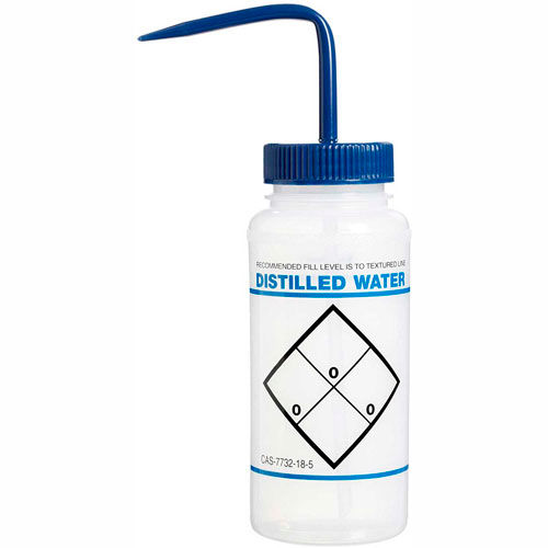 Bel-Art LDPE Wash Bottles 116460620, 500ml, Distilled Water Label, Blue Cap, Wide Mouth, 6/PK