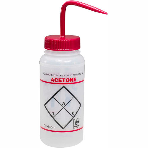 Bel-Art LDPE Wash Bottles 116460622, 500ml, Acetone Label, Red Cap, Wide Mouth, 6/PK