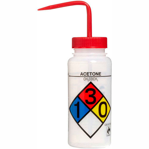 Bel-Art LDPE Wash Bottles 117160001, 500ml, Acetone Label, Red Cap, Wide Mouth, 4/PK