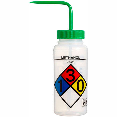 Bel-Art LDPE Wash Bottles 117160011, 500ml, Methanol Label, Green Cap, Wide Mouth, 4/PK