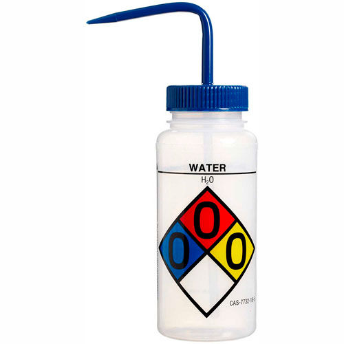 Bel-Art LDPE Wash Bottles 117160017, 500ml, Water Label, Blue Cap, Wide Mouth, 4/PK