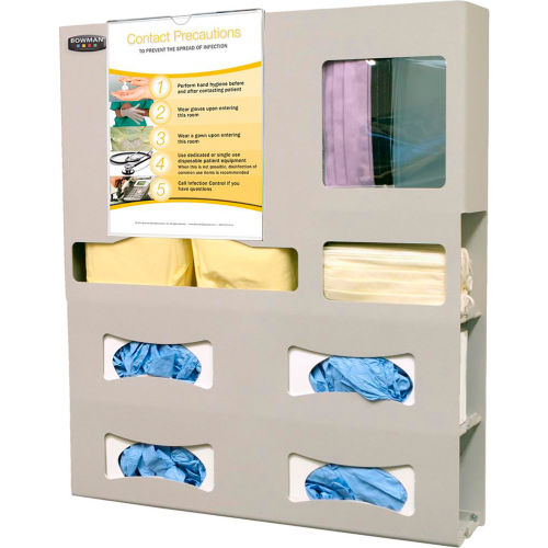 Protective Wear Isolation Bundle 4" Quad Glove Holds Gowns, Coveralls, 4 Gloves, 1 mask, 1 Shield 4? Compliant Wall Mount or on Bowman Hanger 8.5x11" Signage Included Dims: 4.33?L x 23.38?W x 26.73?H