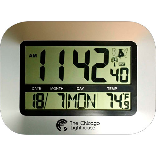 Chicago Lighthouse 9.75&quot; Digital Atomic Clock with Calendar and Indoor Temperature Display - Silver