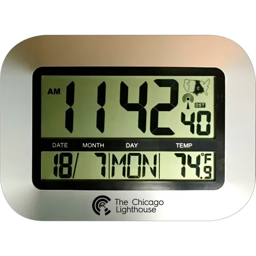 Chicago Lighthouse 9.75" Digital Atomic Clock with Calendar and Indoor Temperature Display Silver