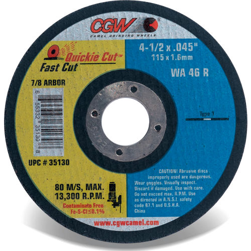 CGW Abrasives 35130 Fast Cut Thin Cutting Wheel 4-1/2&quot; x 0.045&quot; x 7/8&quot; Type 1 Aluminum Oxide - Pkg Qty 25