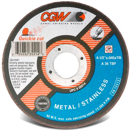 CGW Abrasives 35514 Cut-Off Wheel 4-1/2&quot; x 7/8&quot; 36 Grit Type 1 Zirconia Aluminium Oxide - Pkg Qty 25