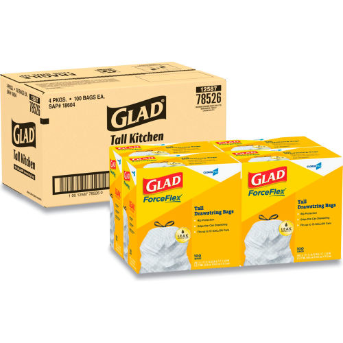 Glad® Tall Kitchen Drawstring Trash Bags, 13 Gal, 0.72 mil, 24" x 27.38", Gray, 400/Case