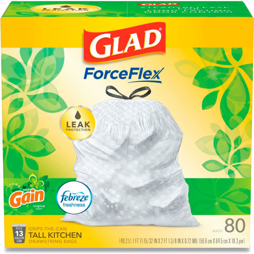 Glad® OdorShield Tall Kitchen Drawstring Bags, 13 Gal, 0.95 mil, Gain Scent, White, 80/Box