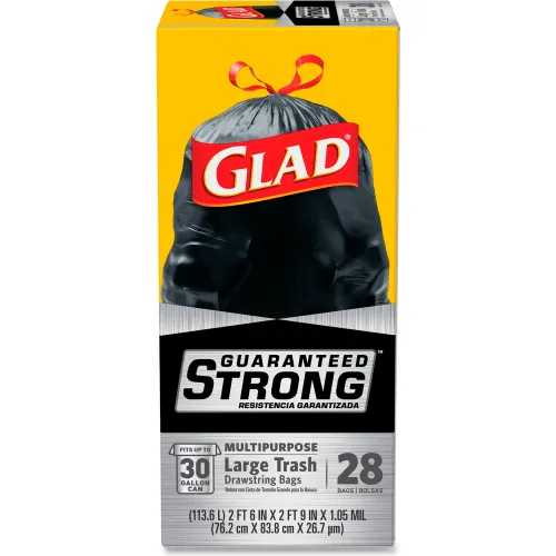 Glad® Drawstring Large Trash Bags, 30 Gal, 1.05 mil, 30 x 33, Black,  15/Box