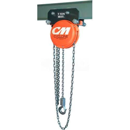 CM Cyclone Hand Chain Hoist on Plain Trolley, 5 Ton, 20 Ft. Lift