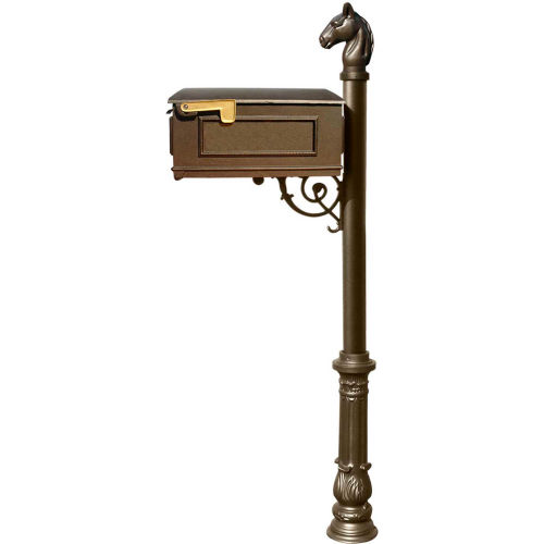 Lewiston Equine Mailbox, No Address Plates w/Horsehead Finial & Decorative Ornate Base, Bronze