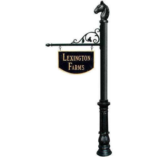 Large Hanging Ranch Sign with Post, Decorative Ornate Base & Horsehead Finial in Black
