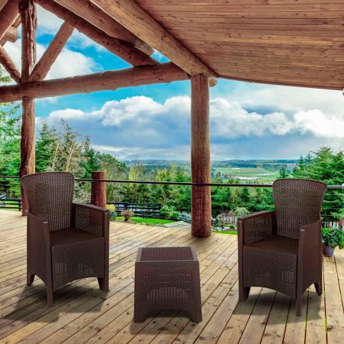 Flash Furniture 3-Piece Chocolate Faux Rattan Plastic Chair Set w/ Matching Side Table