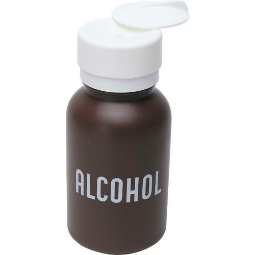 Menda 35601 Round Brown HDPE Liquid Dispenser with Lasting-Touch Pump, Imprinted "Alcohol", 8 oz.