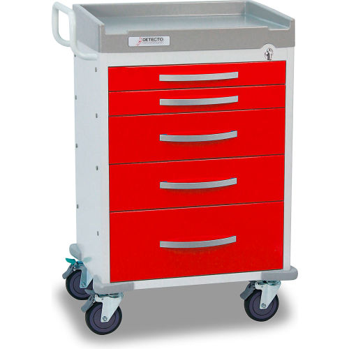 Detecto&#174; Rescue Series Emergency Room Medical Cart, White Frame with 5 Red Drawers