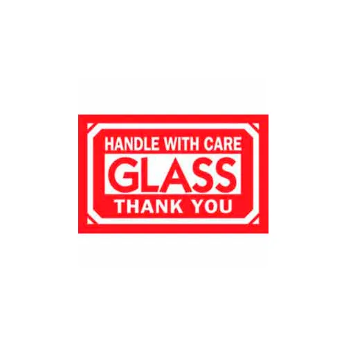Paper Labels w/ "Glass Handle w/ Care Thank You" Print, 5"L x 3"W, White & Red, Roll of 500