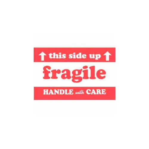 Paper Labels w/ "Fragile This Side Up Handle w/ Care" Print, 3"L x 2"W, Red & White, Roll of 500