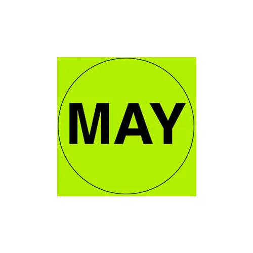 2" Dia. Round Paper Labels w/ "May" Print, Fluorescent Green & Black, Roll of 500