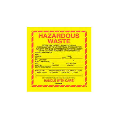 Paper Labels w/ "Hazardous Waste California" Print, 6"L x 6"W, Yellow/Red/Black, Roll of 500