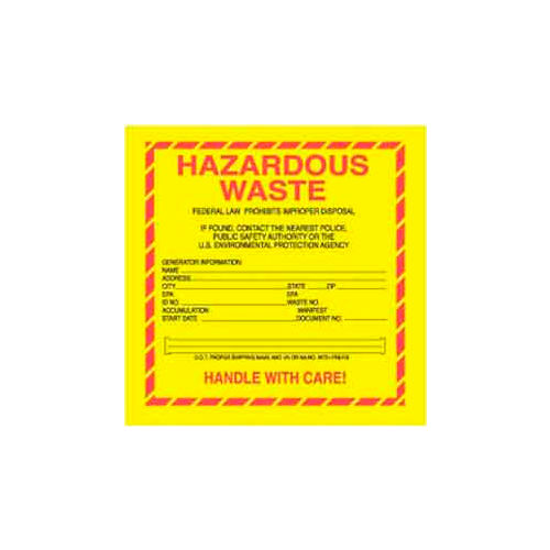 Paper Labels w/ &quot;Hazardous Waste&quot; Print, 6&quot;L x 6&quot;W, Yellow/Red/Black, Roll of 500