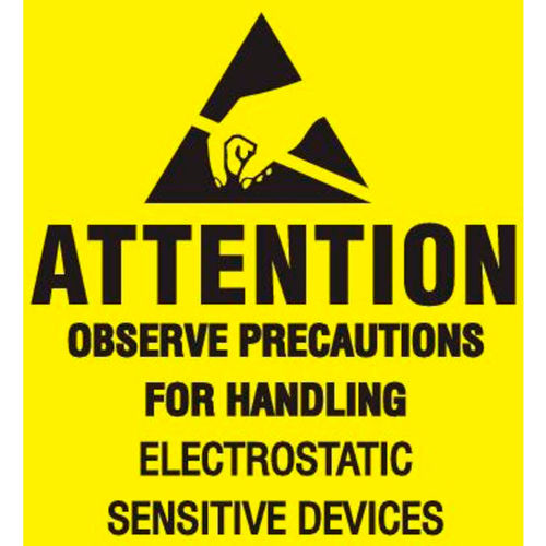 "Attention Observe Precautions" Labels, 2"L x 2"W, Yellow & Black, Roll of 500