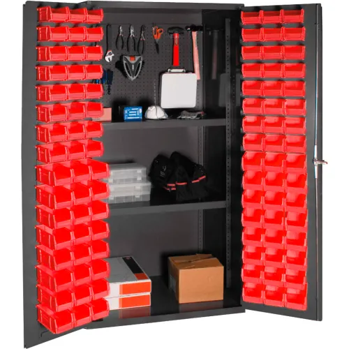 Durham Small Parts Storage Cabinet 3501-DLP-PB-96-2S-1795 - w/Pegboard, 96  Red Bins, 2 Shelves