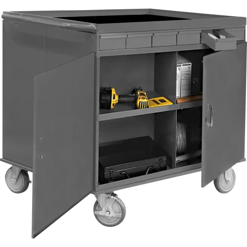 Durham Mfg. Two Sided Cart, 12 Compartments/12 Drawers, 1 Cabinet, 34"W x 24"D, Gray