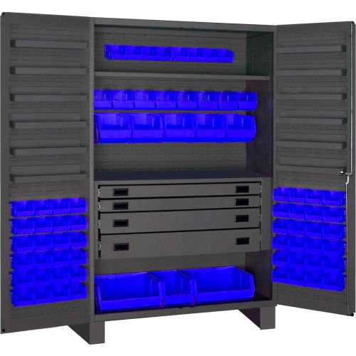 Durham Heavy Duty Work Bin Cabinet JCBDLP724RDR - Flush Doors - 4 Drawers 72 Blue Bins 48 x 24 x 78