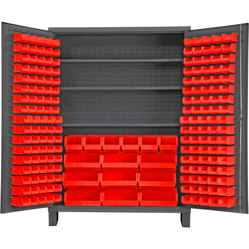 Global Industrial™ Bin Cabinet Flush Door - 185 Red Bins, 16 Ga All-Welded Cabinet 60 x 24 x 84