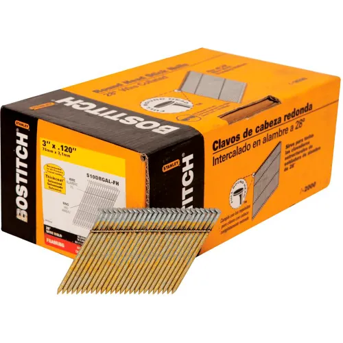 Bostitch 3" x .120 Ring Shank 28 Degree Wire Collated Full Round Head Stick Framing Nails, 2000/Qty