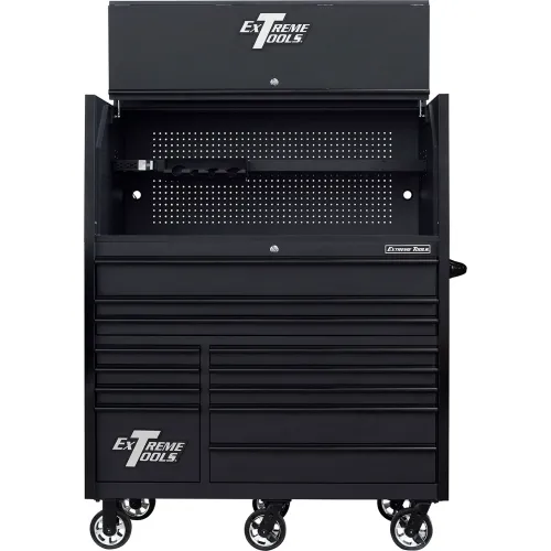 RX Series 55 in. Extreme Power Workstation Hutch 12-Drawer Roller Cabinet Combo, 150 lbs. Slides, Black Red Dr Pulls