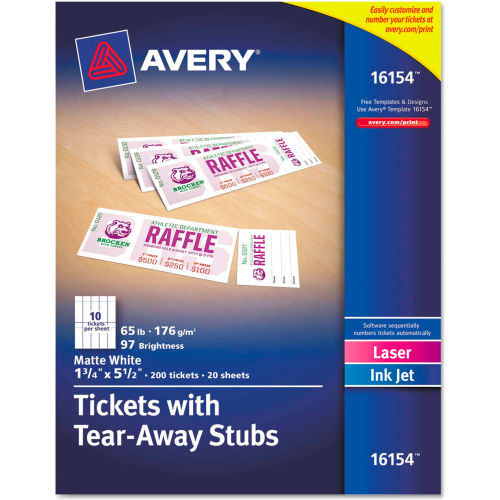 Avery Printable Tickets W Tear Away Stubs 16154 8 1 2 X 11 Matte 