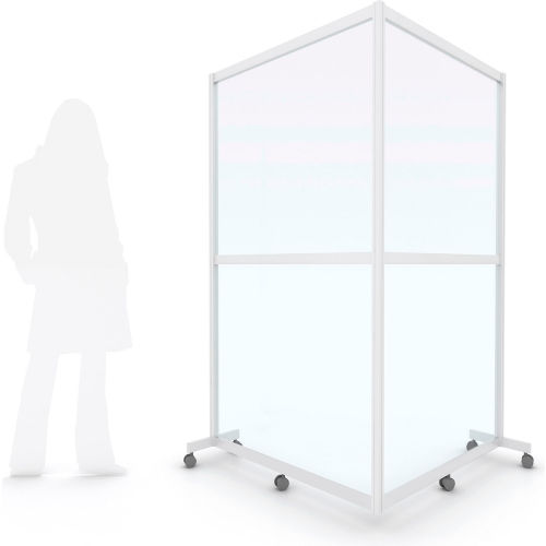 Quantum Cornered Mobile Floor Partition, 2 Panel, 80"W x 72"H, Alum. Frame, Frosted Acrylic Inserts